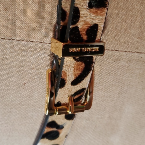 Michael Kors Leather Belt Gold Hardware Stud Cow Fur Leopard Cougar Size M 32-36 - Picture 3 of 7